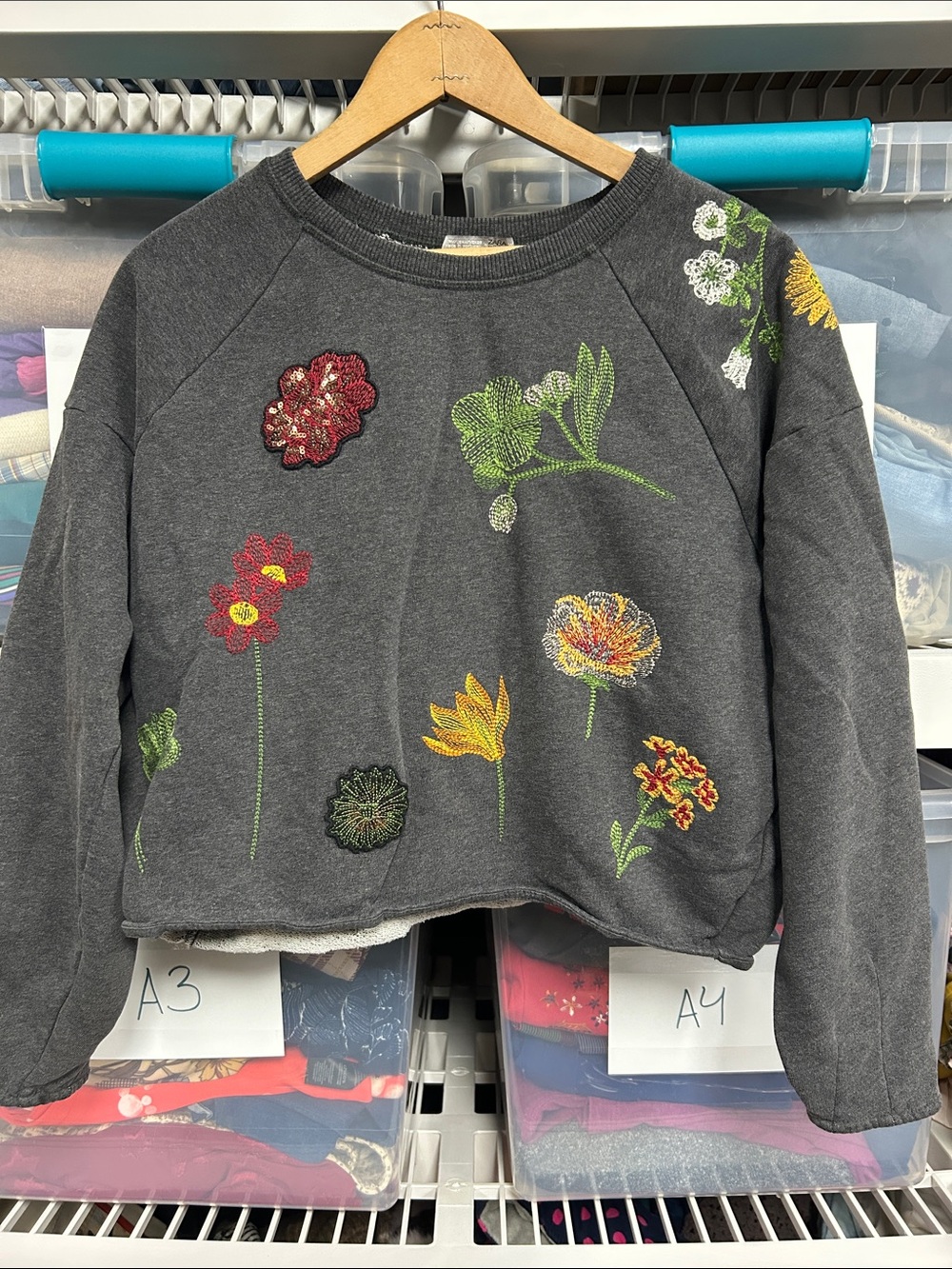 Zara Charcoal Embroidered Floral Crewneck Crop Sweatshirt